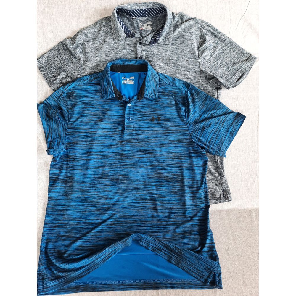 Underarmour Heatgear Mens Large 2piece Bundle Blue/Gray Batik Active Jersey Polo